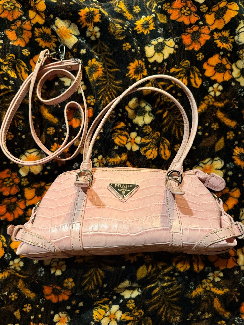 Pink Croc-Embossed Leather Satchel